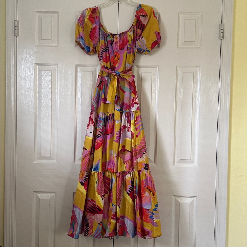 FARM RIO Neon Macaw Yellow Print Tiered Maxi Dress S